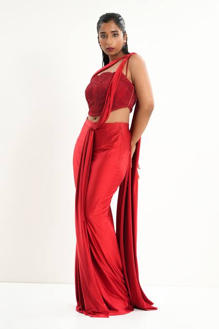 Buy_Aurouss_Red Spandex, Tulle Beads Asymmetric Pre-draped Saree With Blouse 