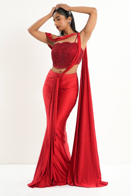 Shop_Aurouss_Red Spandex, Tulle Beads Asymmetric Pre-draped Saree With Blouse 