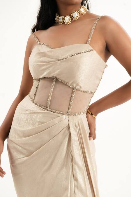 Buy_Aurouss_Gold Satin, Tulle Beads Sweetheart Neck Champagne Draped Dress _Online_at_Aza_Fashions