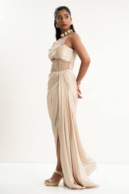 Shop_Aurouss_Gold Satin, Tulle Beads Sweetheart Neck Champagne Draped Dress _Online_at_Aza_Fashions