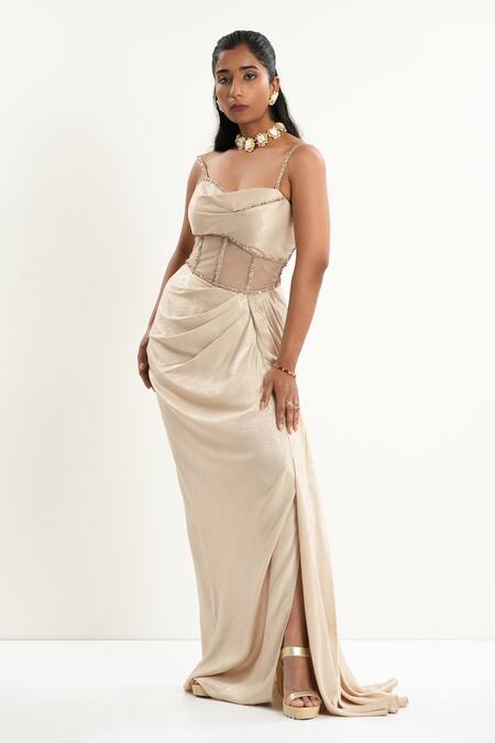 Aurouss_Gold Satin, Tulle Beads Sweetheart Neck Champagne Draped Dress _at_Aza_Fashions