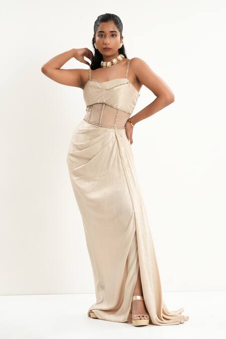 Buy_Aurouss_Gold Satin, Tulle Beads Sweetheart Neck Champagne Draped Dress 