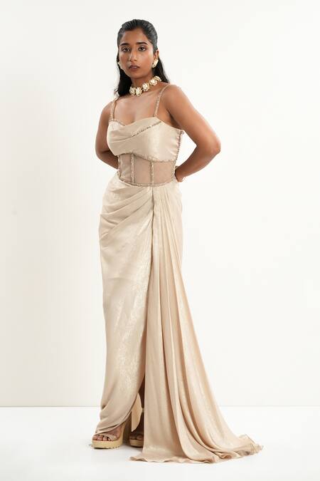 Shop_Aurouss_Gold Satin, Tulle Beads Sweetheart Neck Champagne Draped Dress 