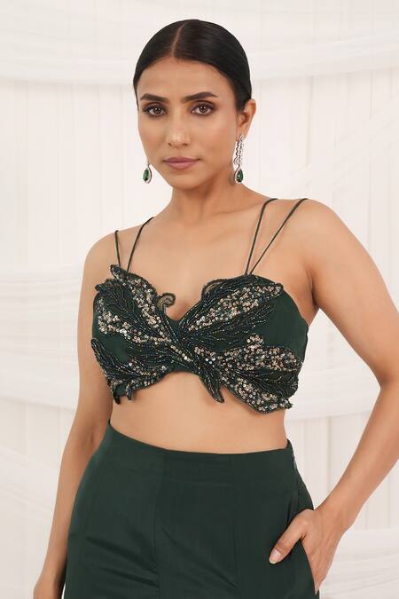 Buy_Aurouss_Emerald Green Silk, Organza, Crepe Embroidery, Beads Ruffled Cape And Palazzo Set _Online_at_Aza_Fashions