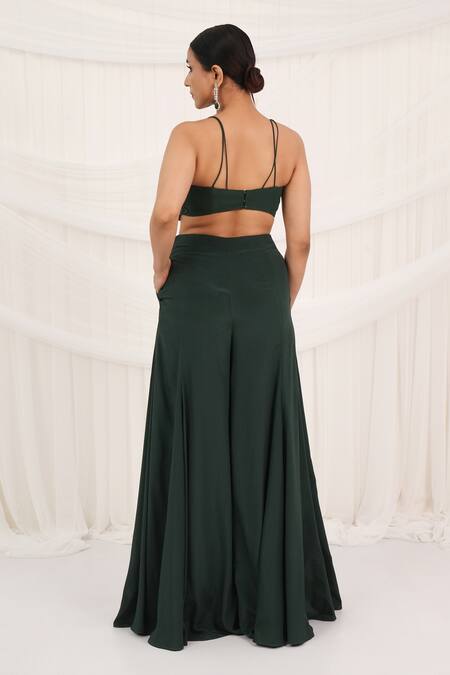 Shop_Aurouss_Emerald Green Silk, Organza, Crepe Embroidery, Beads Ruffled Cape And Palazzo Set _Online_at_Aza_Fashions