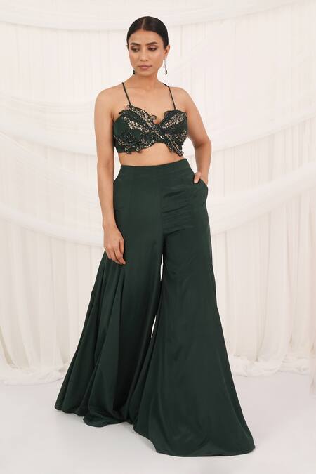 Aurouss_Emerald Green Silk, Organza, Crepe Embroidery, Beads Ruffled Cape And Palazzo Set _at_Aza_Fashions