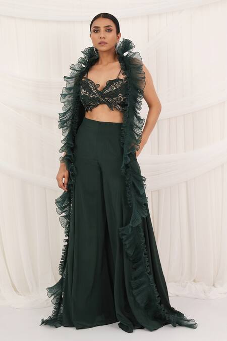 Buy_Aurouss_Emerald Green Silk, Organza, Crepe Embroidery, Beads Ruffled Cape And Palazzo Set 
