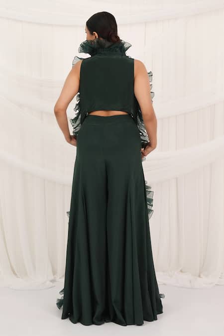Aurouss Emerald Green Ruffled Cape & Palazzo Set 