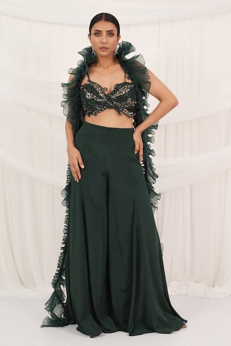 Aurouss Emerald Green Ruffled Cape & Palazzo Set 
