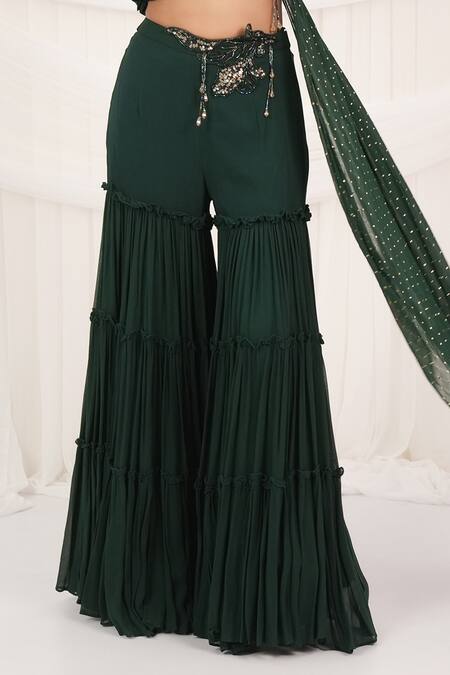 Aurouss_Emerald Green Georgette Embroidery One Shoulder Palazzo And Drape Top Set _at_Aza_Fashions