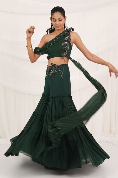 Buy_Aurouss_Emerald Green Georgette Embroidery One Shoulder Palazzo And Drape Top Set 