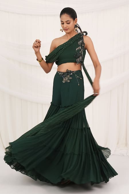 Shop_Aurouss_Emerald Green Georgette Embroidery One Shoulder Palazzo And Drape Top Set 