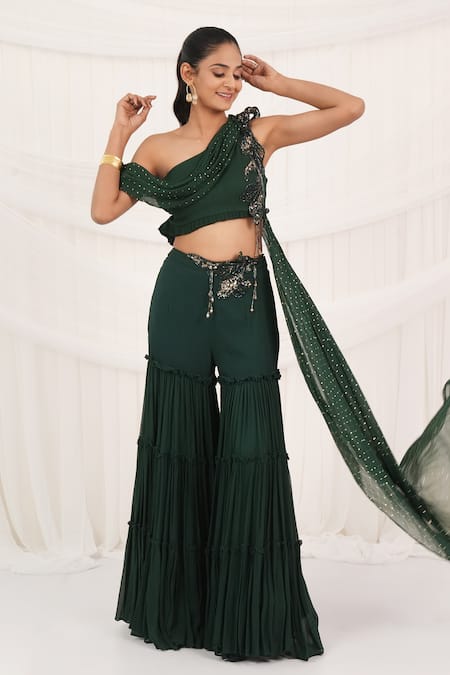 Aurouss Emerald Green Palazzo & Drape Top Set 