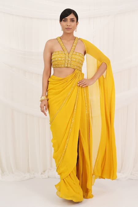 Aurouss Yellow Georgette, Tulle Sequins, Embroidery V-neck Sunroot Pre-draped Saree Set
