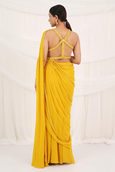 Aurouss Sunroot Yellow Pre-Draped Saree Set 