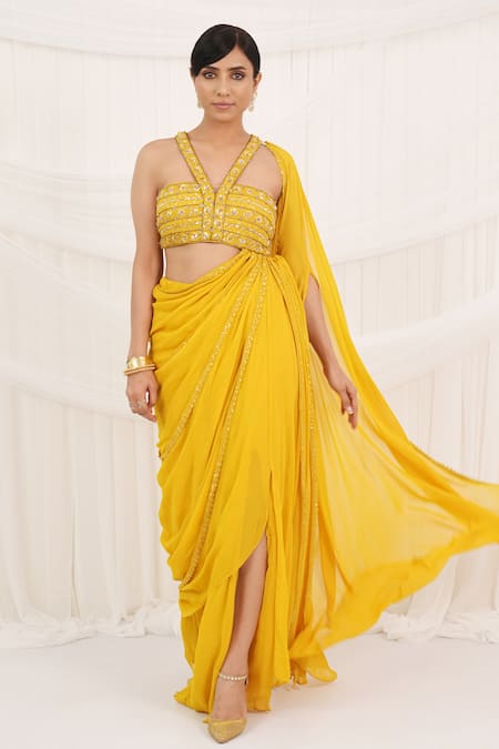 Aurouss_Yellow Georgette, Tulle Sequins, Embroidery V-neck Sunroot Pre-draped Saree Set _at_Aza_Fashions