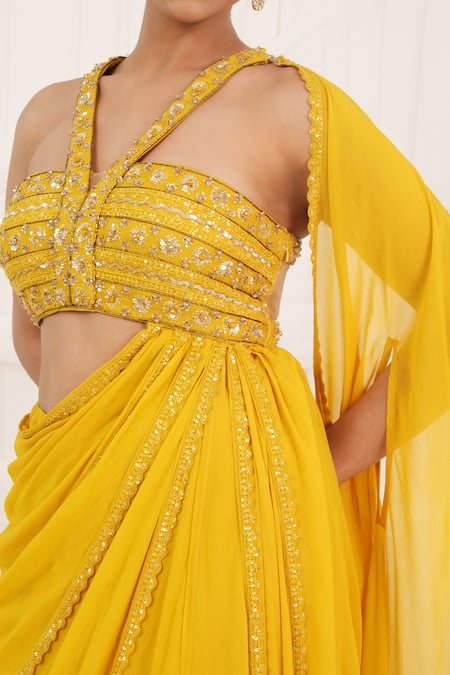 Shop_Aurouss_Yellow Georgette, Tulle Sequins, Embroidery V-neck Sunroot Pre-draped Saree Set 