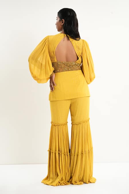 Aurouss Sunroot Yellow Designer Blazer & Palazzo Set 