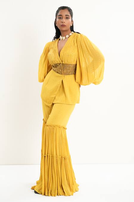 Buy_Aurouss_Yellow Georgette, Tulle Beads Sunroot Designer Blazer And Palazzo Set _Online_at_Aza_Fashions