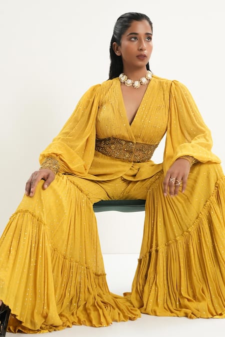 Shop_Aurouss_Yellow Georgette, Tulle Beads Sunroot Designer Blazer And Palazzo Set _Online_at_Aza_Fashions