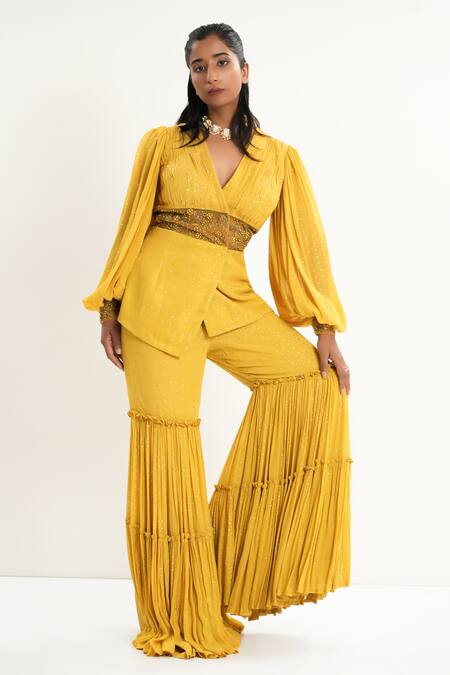 Aurouss_Yellow Georgette, Tulle Beads Sunroot Designer Blazer And Palazzo Set _at_Aza_Fashions