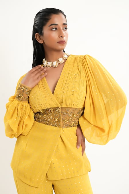 Buy_Aurouss_Yellow Georgette, Tulle Beads Sunroot Designer Blazer And Palazzo Set 