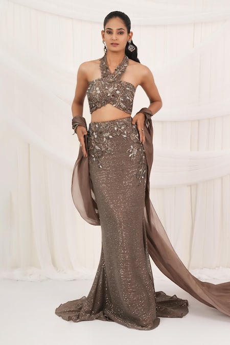 Shop Aurouss Brown Organza Sequins, Embroidery Halter Dusty Cocoa Embellished Lehenga Set Online at Aza Fashions Shop_Aurouss_Brown Organza Sequins, Embroidery Halter Dusty Cocoa Embellished Lehenga Set _Online_at_Aza_Fashions
