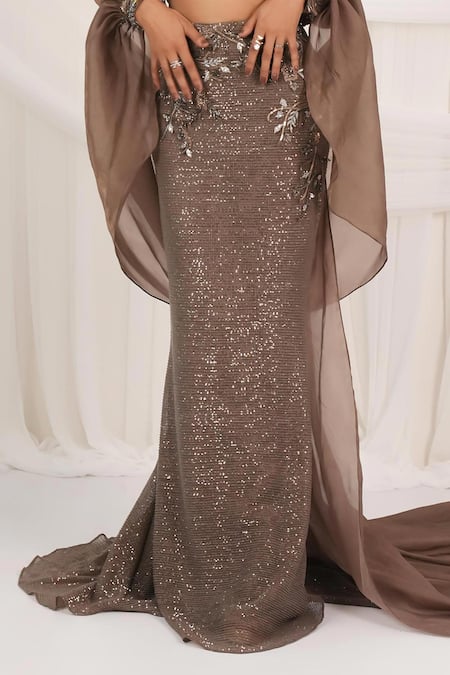 Buy Aurouss Brown Organza Sequins, Embroidery Halter Dusty Cocoa Embellished Lehenga Set Buy_Aurouss_Brown Organza Sequins, Embroidery Halter Dusty Cocoa Embellished Lehenga Set