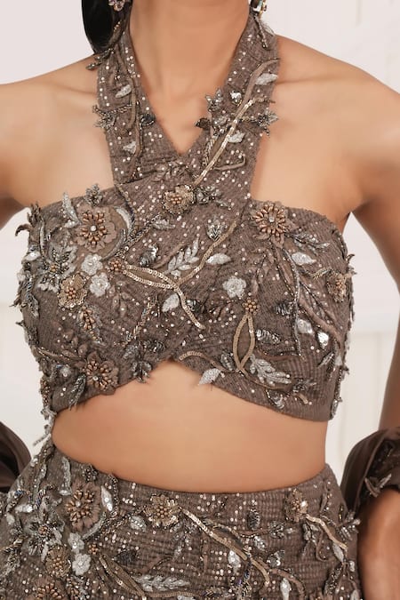 Shop Aurouss Brown Organza Sequins, Embroidery Halter Dusty Cocoa Embellished Lehenga Set Shop_Aurouss_Brown Organza Sequins, Embroidery Halter Dusty Cocoa Embellished Lehenga Set
