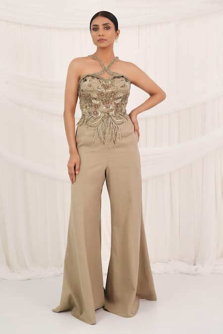 Buy_Aurouss_Beige Embroidery, Beads Sweetheart Neck Embellished Jumpsuit With Cape _Online_at_Aza_Fashions