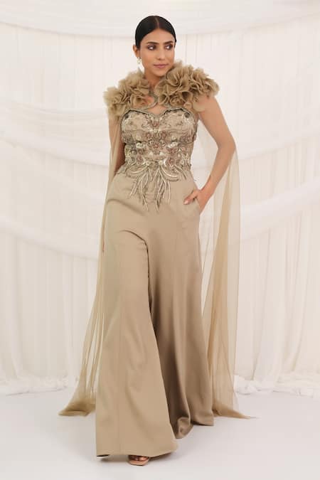 Shop_Aurouss_Beige Embroidery, Beads Sweetheart Neck Embellished Jumpsuit With Cape _Online_at_Aza_Fashions