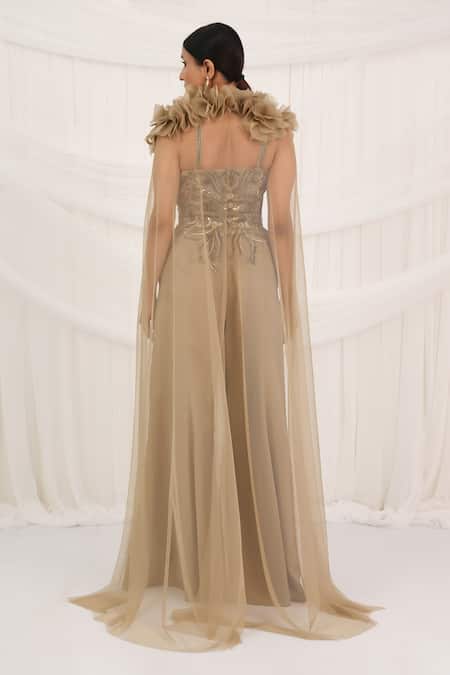 Aurouss Beige Embellished Jumpsuit With Cape 