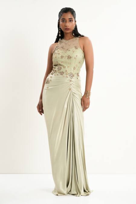 Buy_Aurouss_Green Twill, Mesh, Satin Embroidery, Beads Round Neck Draped Dress _Online_at_Aza_Fashions