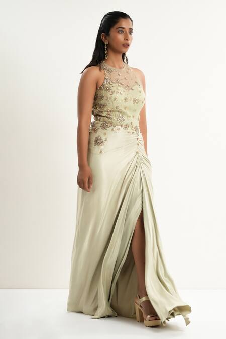 Shop_Aurouss_Green Twill, Mesh, Satin Embroidery, Beads Round Neck Draped Dress _Online_at_Aza_Fashions