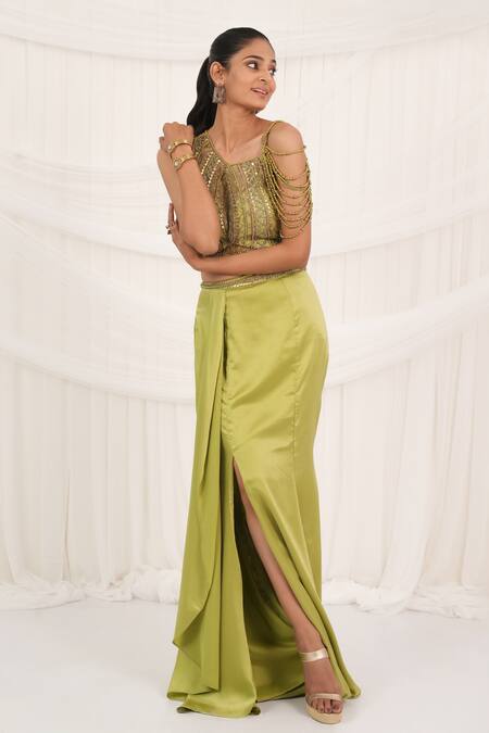 Buy_Aurouss_Green Satin, Tulle Beads Asymmetric Designer Draped Skirt And Padded Blouse Set _Online_at_Aza_Fashions