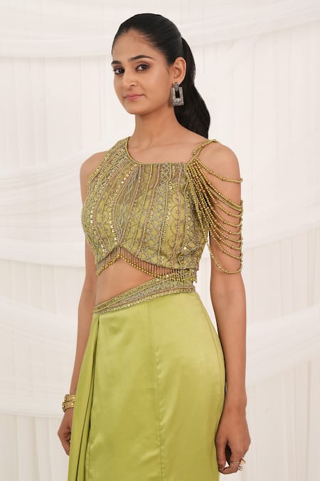 Shop_Aurouss_Green Satin, Tulle Beads Asymmetric Designer Draped Skirt And Padded Blouse Set _Online_at_Aza_Fashions