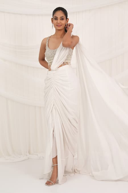 Aurouss_White Chiffon, Tulle, Mesh Beads, Pearls Round Neck Pre-draped Saree Set _Online_at_Aza_Fashions