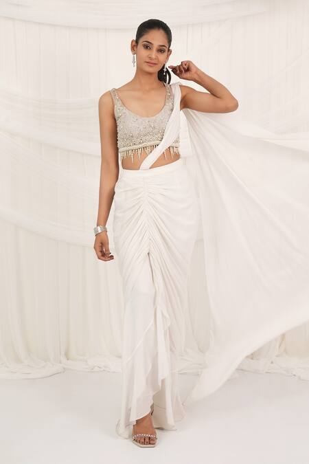 Buy_Aurouss_White Chiffon, Tulle, Mesh Beads, Pearls Round Neck Pre-draped Saree Set _Online_at_Aza_Fashions