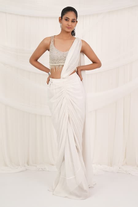 Aurouss White Chiffon, Tulle, Mesh Beads, Pearls Round Neck Pre-draped Saree Set 