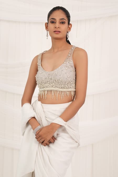 Shop_Aurouss_White Chiffon, Tulle, Mesh Beads, Pearls Round Neck Pre-draped Saree Set _Online_at_Aza_Fashions