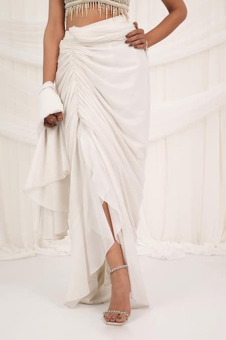 Aurouss_White Chiffon, Tulle, Mesh Beads, Pearls Round Neck Pre-draped Saree Set _at_Aza_Fashions