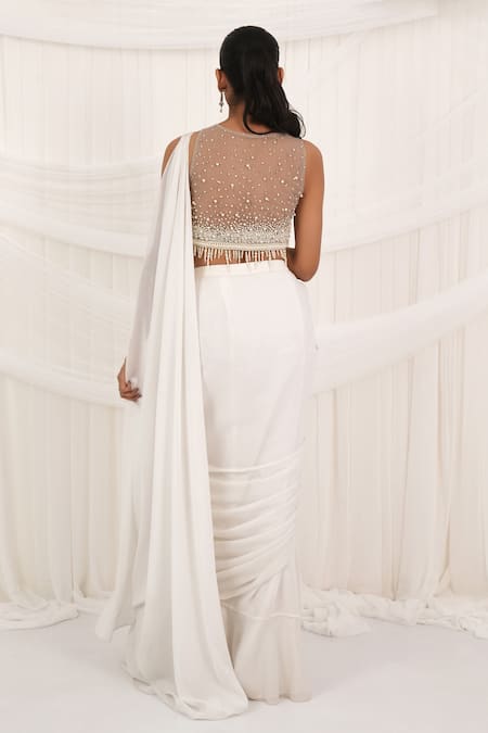 Aurouss Pearl White Pre-Draped Saree Set 