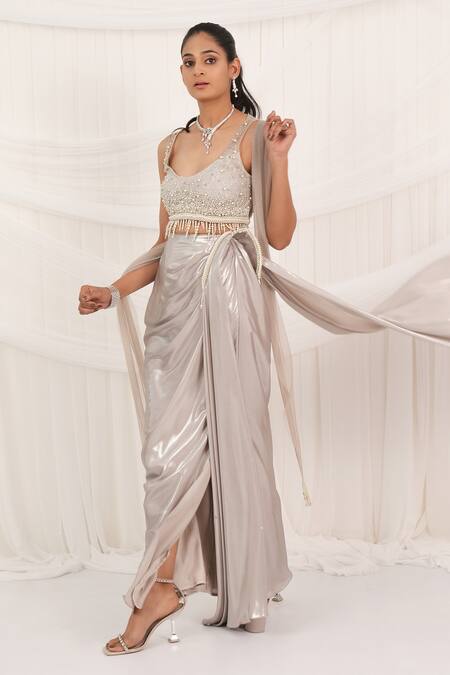 Buy_Aurouss_Silver Tulle, Mesh Pearls, Beads Round Neck Liquid Draped Skirt Set _Online_at_Aza_Fashions