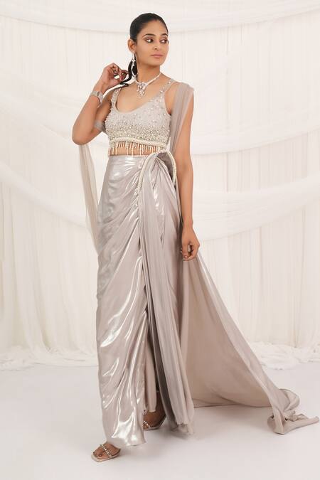 Shop_Aurouss_Silver Tulle, Mesh Pearls, Beads Round Neck Liquid Draped Skirt Set _Online_at_Aza_Fashions