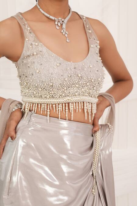Buy_Aurouss_Silver Tulle, Mesh Pearls, Beads Round Neck Liquid Draped Skirt Set 