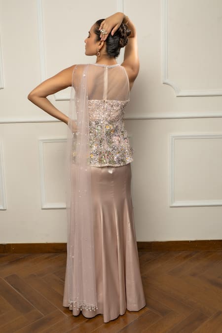 Isha Regalia Beige Embroidered Top With Draped Skirt 