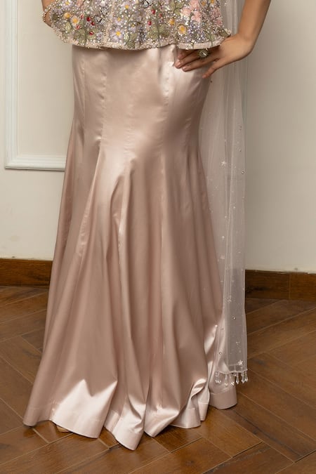 Isha Regalia_Beige Satin, Net Sequins, Embroidery Asymmetric Top With Draped Skirt _Online_at_Aza_Fashions
