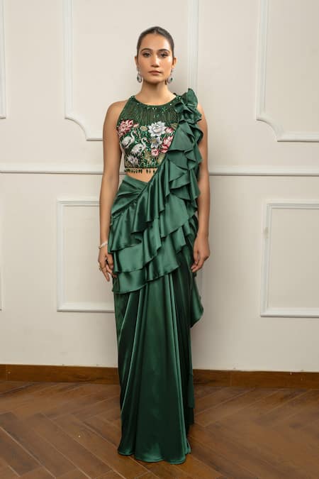 Isha Regalia Green Satin, Net Sequins, Embroidery Round Neck Bottle Drape Saree Set