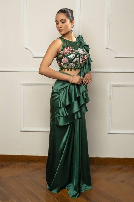 Isha Regalia_Green Satin, Net Sequins, Embroidery Round Neck Bottle Drape Saree Set _Online_at_Aza_Fashions