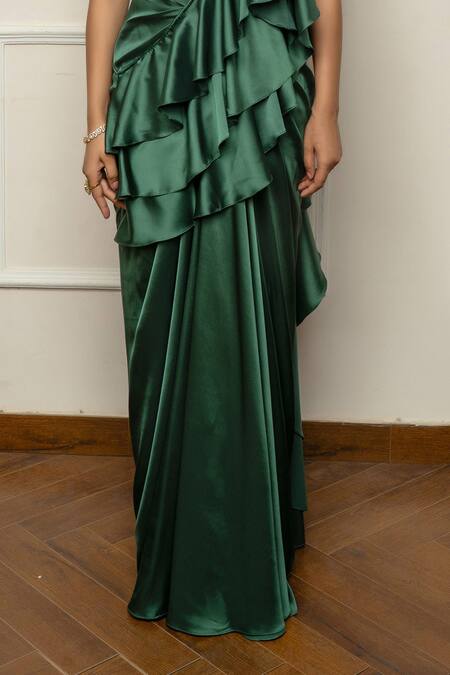 Buy_Isha Regalia_Green Satin, Net Sequins, Embroidery Round Neck Bottle Drape Saree Set _Online_at_Aza_Fashions